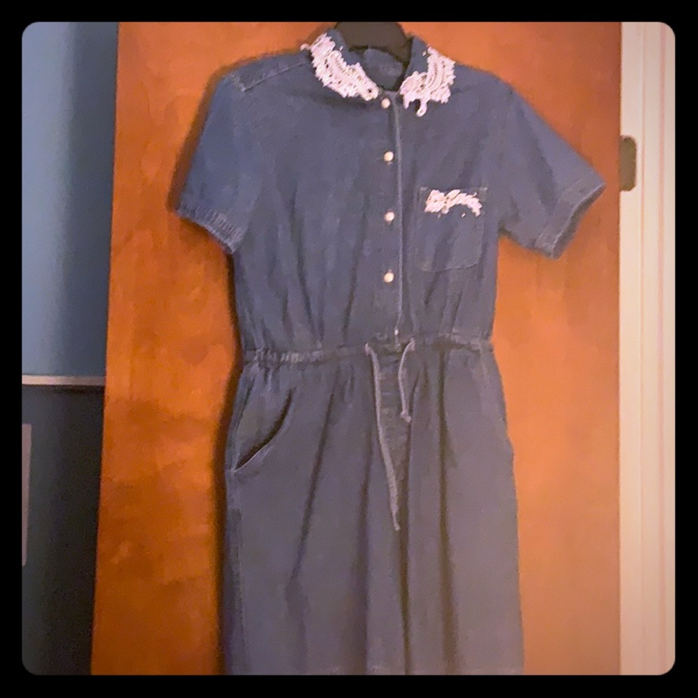 Adorable VTG Denim Romper with Lace + Rhinestones